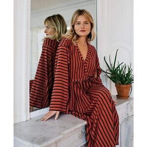 Free People Yacht Club Midi Dress Striped Long Sleeve Cut Out Red Black Medium